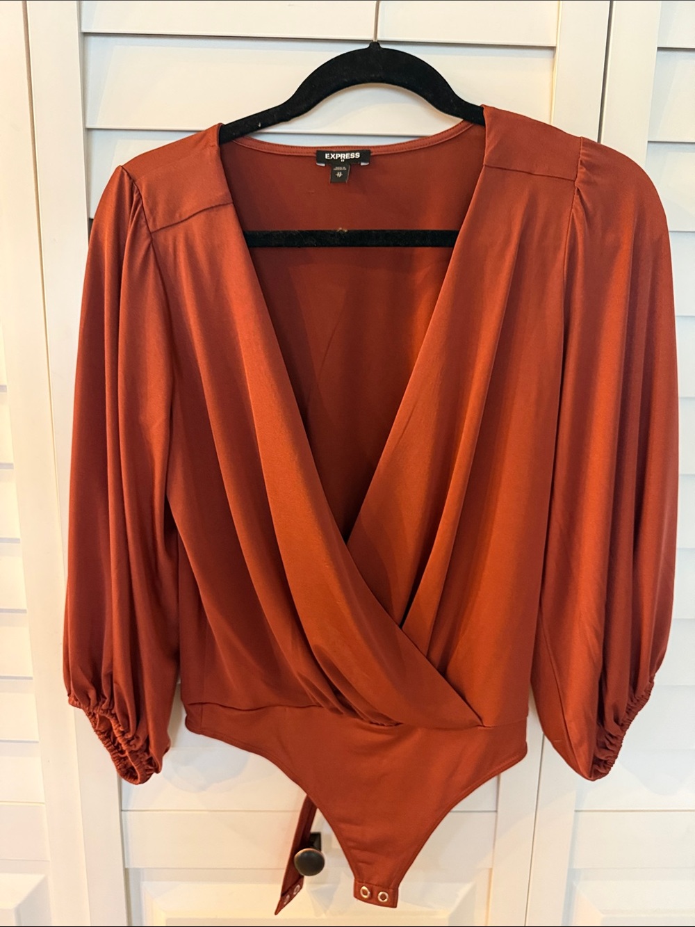 Express Rust Orange Wrap Bodysuit with Blouson Sleeves